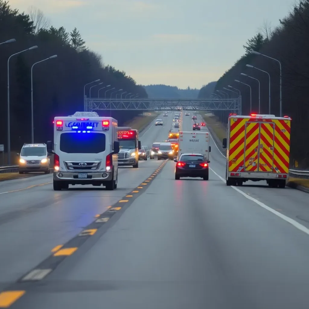 Highway scene showing emergency response vehicles at an accident site