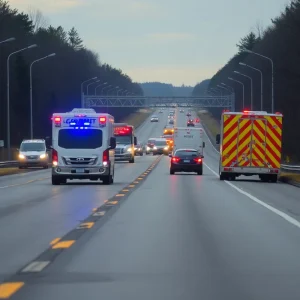 Highway scene showing emergency response vehicles at an accident site