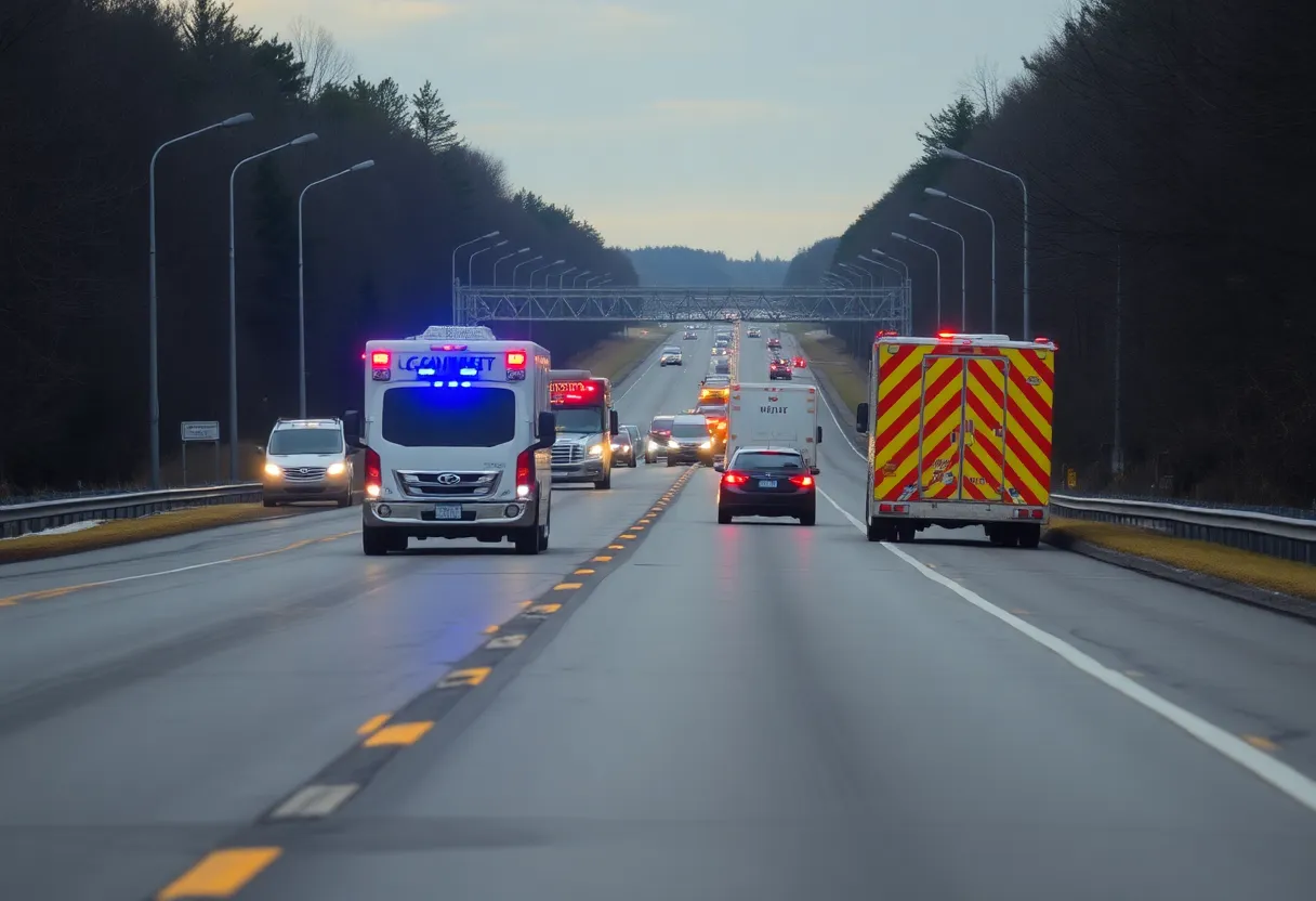 Highway scene showing emergency response vehicles at an accident site