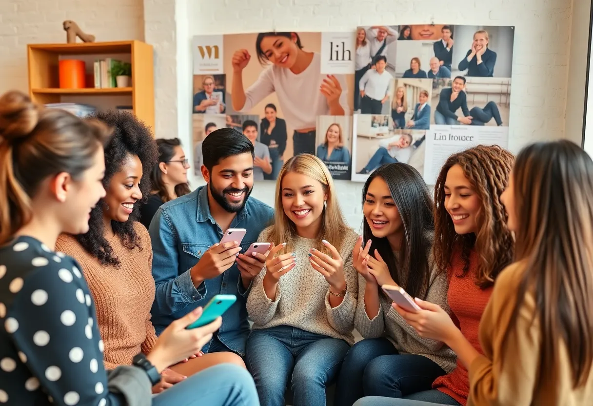 Group of social media influencers collaborating on content.