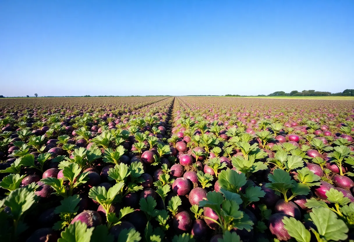 Field of Blackberry potatoes with a clear blue sky