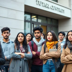 Group of international students discussing visa issues outside a university.