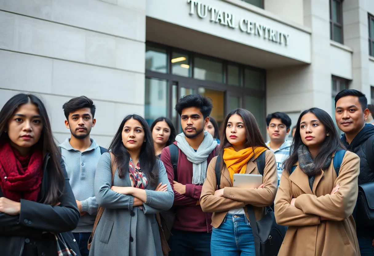 Group of international students discussing visa issues outside a university.