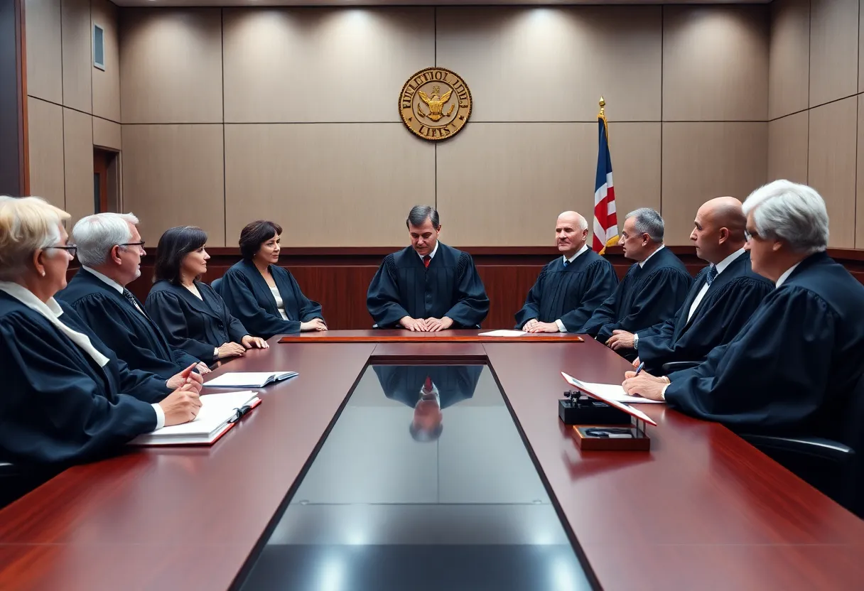 Diverse judges in a modern courtroom discussing justice