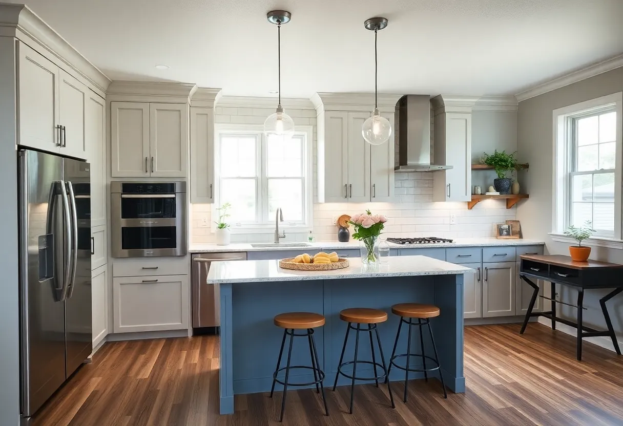 A renovated kitchen with new cabinetry and lighting on a budget.