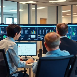Legal professionals using case management software in an office