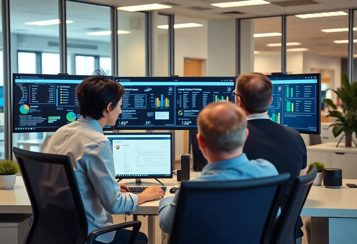 Legal professionals using case management software in an office