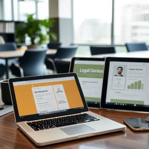 Screenshot of the Legal Genius app interface on various devices
