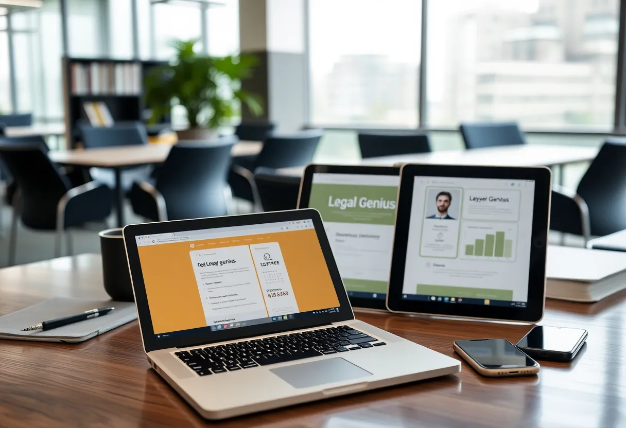 Screenshot of the Legal Genius app interface on various devices