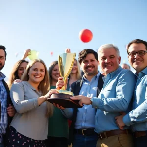 Marketing team celebrating their award outdoors