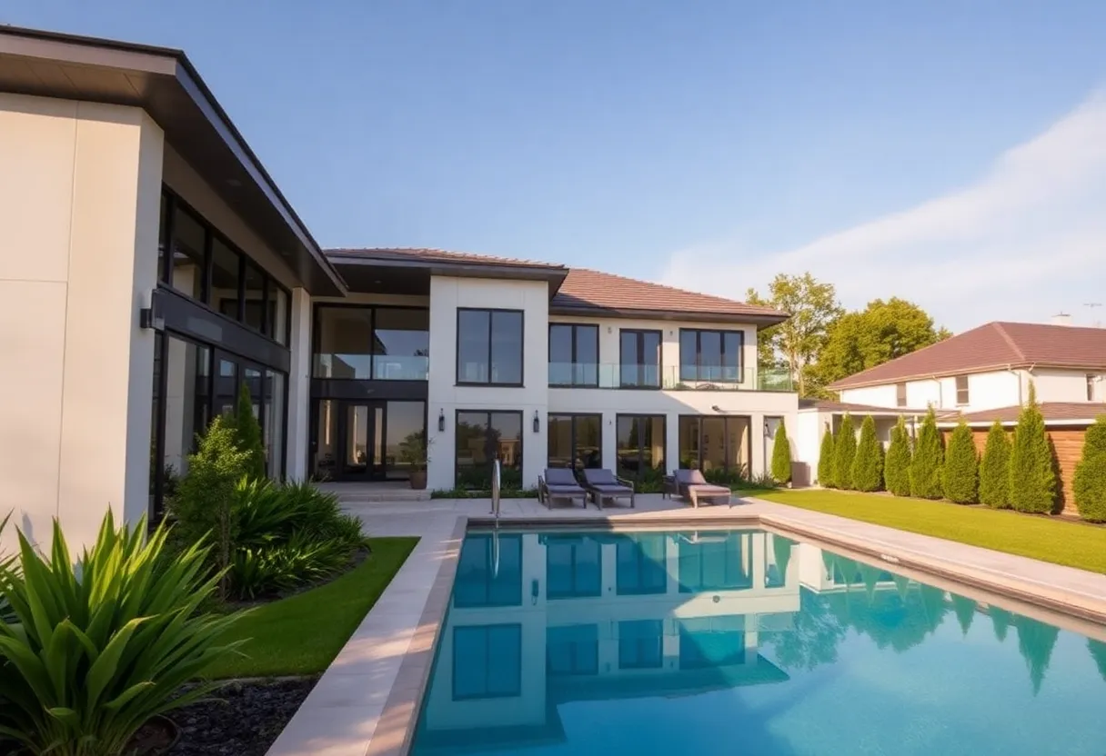 Exterior view of a luxurious renovated home with landscaped garden