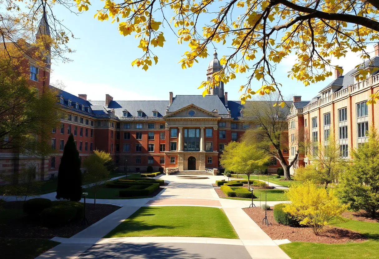 Campus view of Michigan Law School during spring