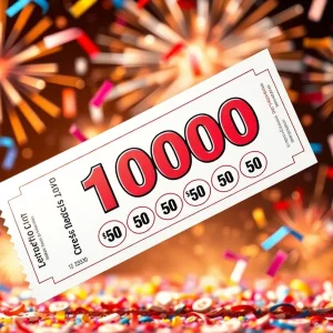 Illustration of a lottery ticket celebrating a Mega Millions win