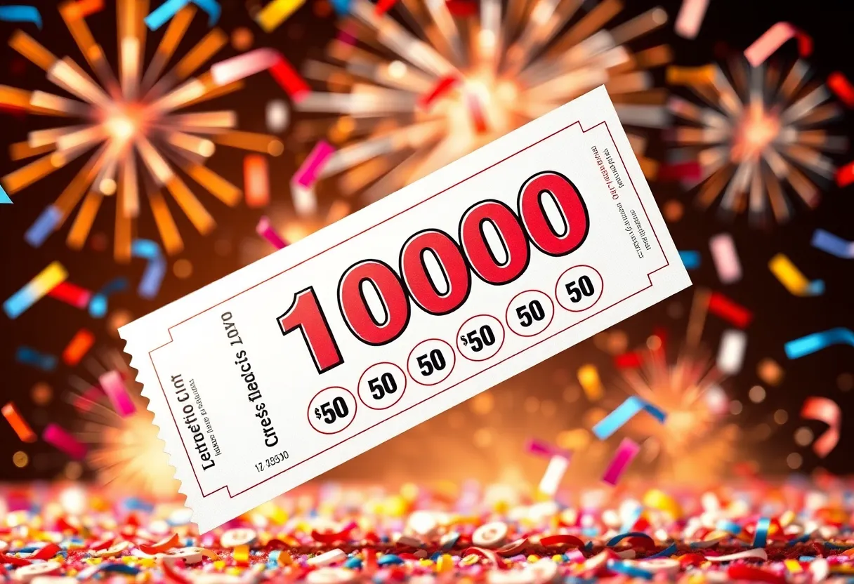 Illustration of a lottery ticket celebrating a Mega Millions win