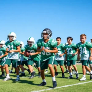 Michigan State football players practicing on the field