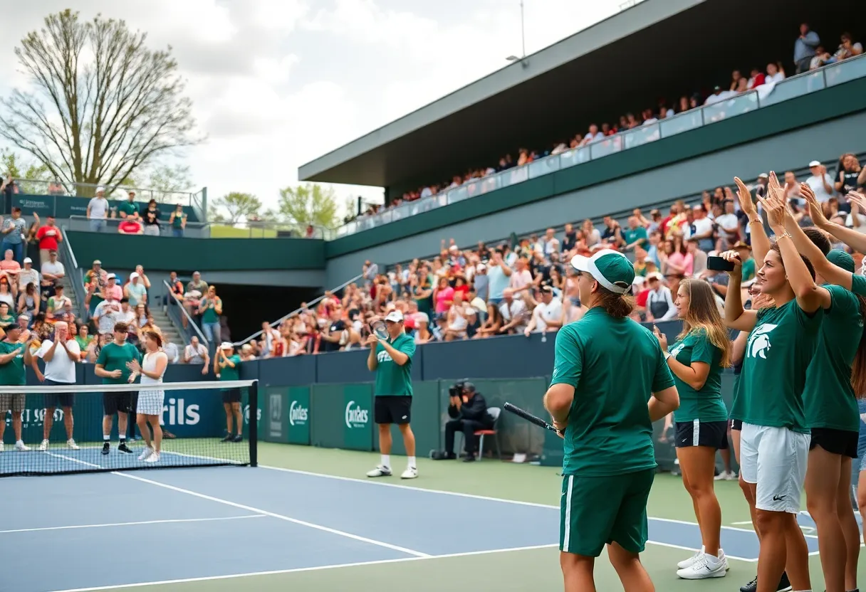 Celebration of Michigan State men's tennis team after their win.