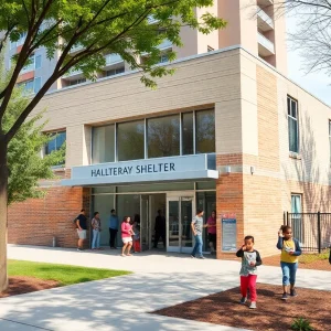 Families arriving at the new shelter in Cambridgeport