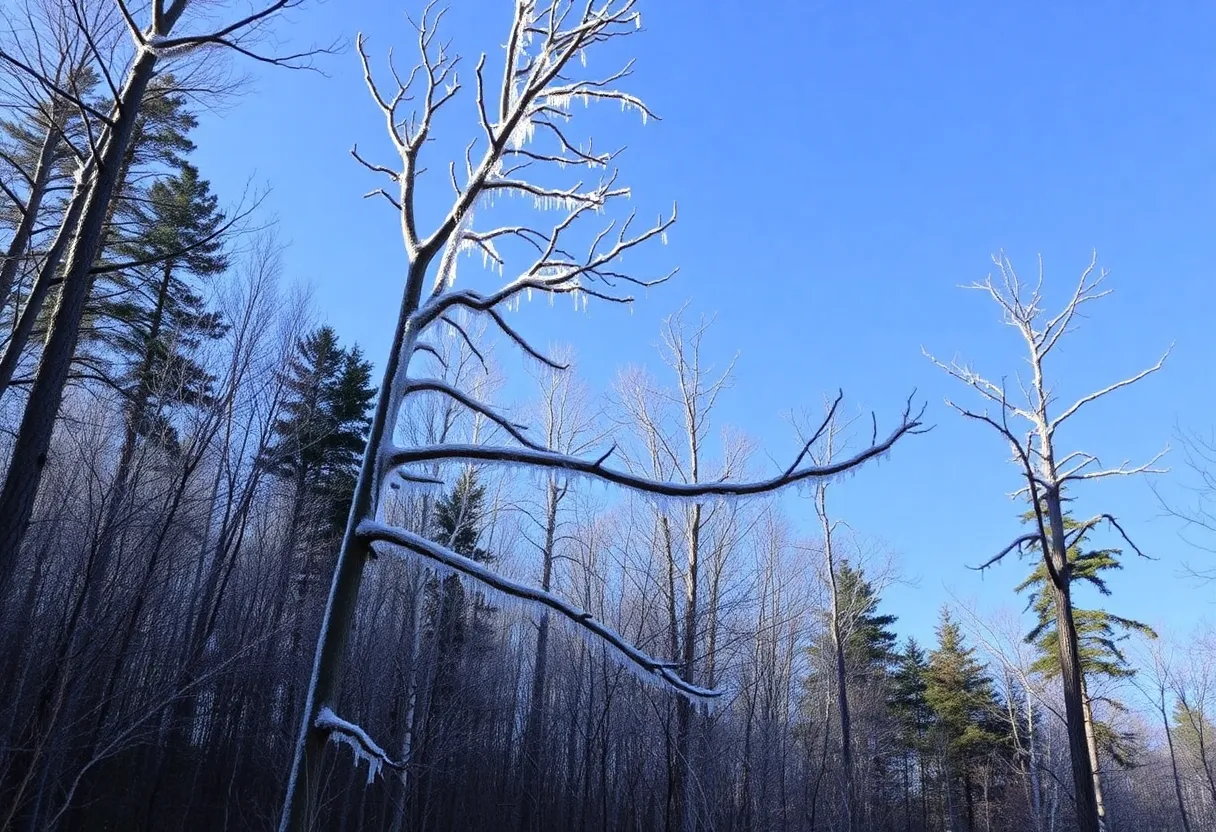 Northern Michigan forest showing damage after ice storm.