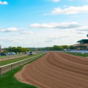 View of a horse racing track in Plymouth Township with community signs in the foreground.