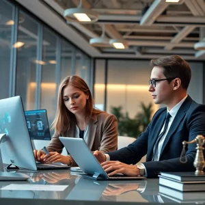 Office environment featuring collaboration over legal software solutions