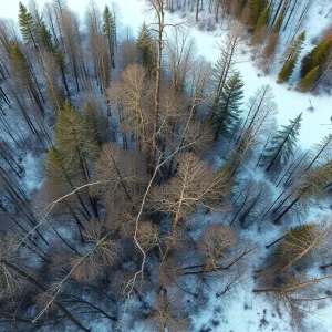 Aerial view of ice storm damage in Pigeon River Country State Forest