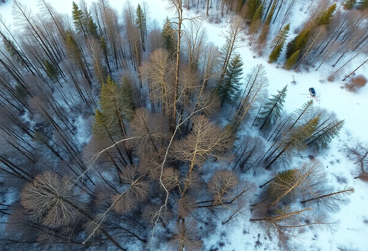 Aerial view of ice storm damage in Pigeon River Country State Forest