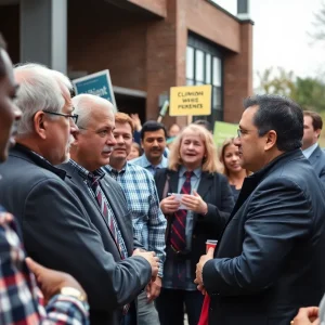 Community members engaging in political discussions amidst a vibrant Michigan backdrop
