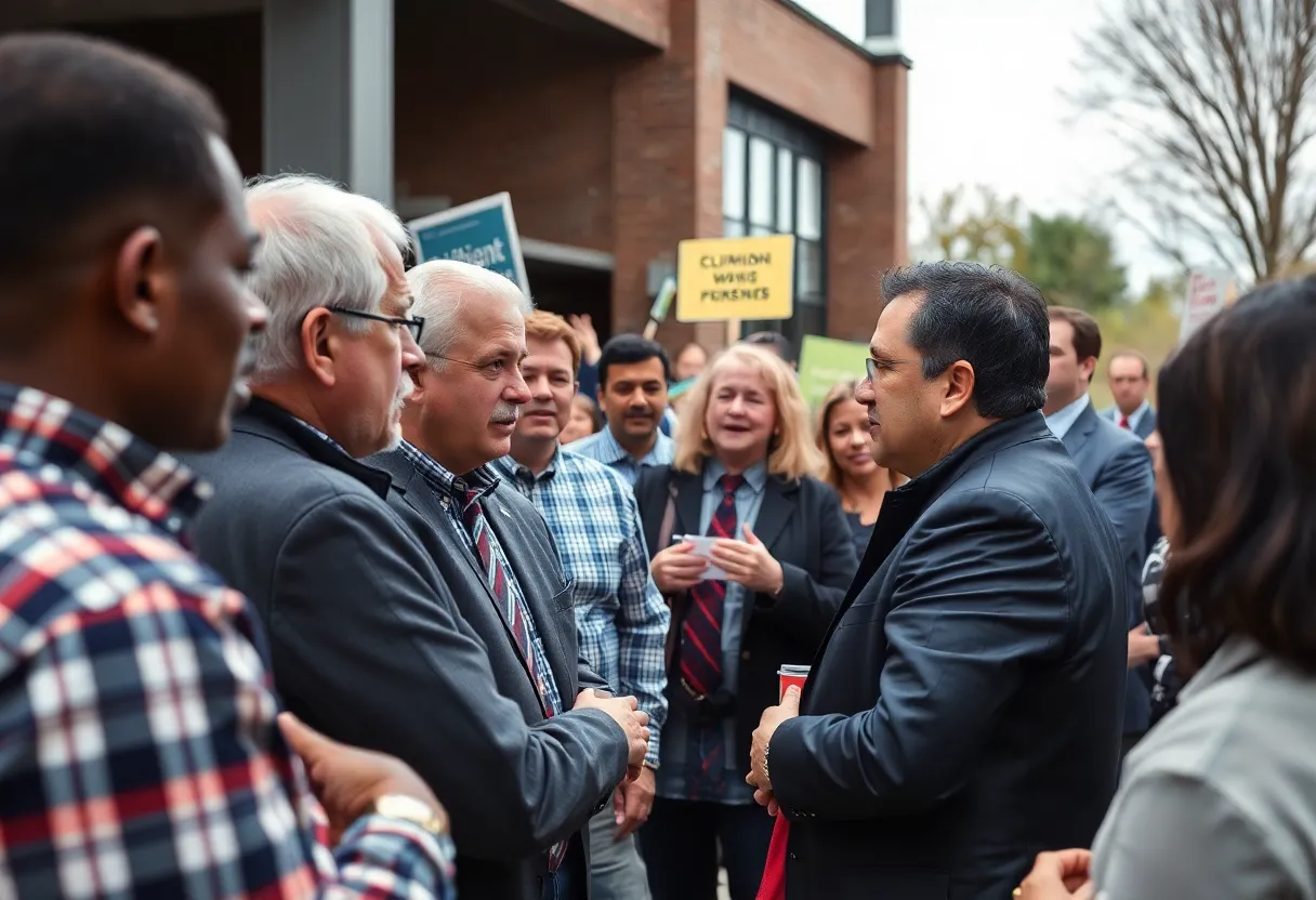 Community members engaging in political discussions amidst a vibrant Michigan backdrop