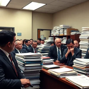 Overwhelmed public defender office with attorneys managing multiple cases