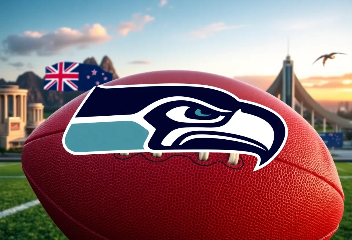 Seattle Seahawks logo with Australian and New Zealand skyline
