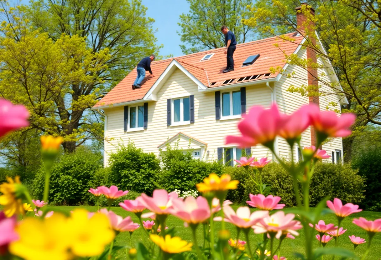 Workers performing roof checks on a house surrounded by blooming flowers in spring.