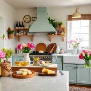 A neatly organized wine and cheese collection in a sunny kitchen setting