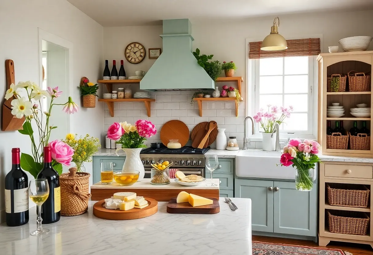 A neatly organized wine and cheese collection in a sunny kitchen setting