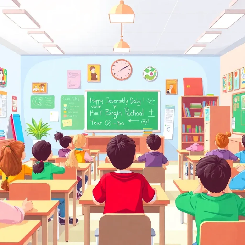 Dedicated teacher engaging with students in a colorful classroom