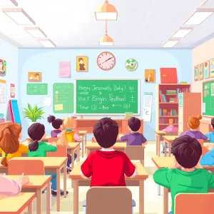 Dedicated teacher engaging with students in a colorful classroom