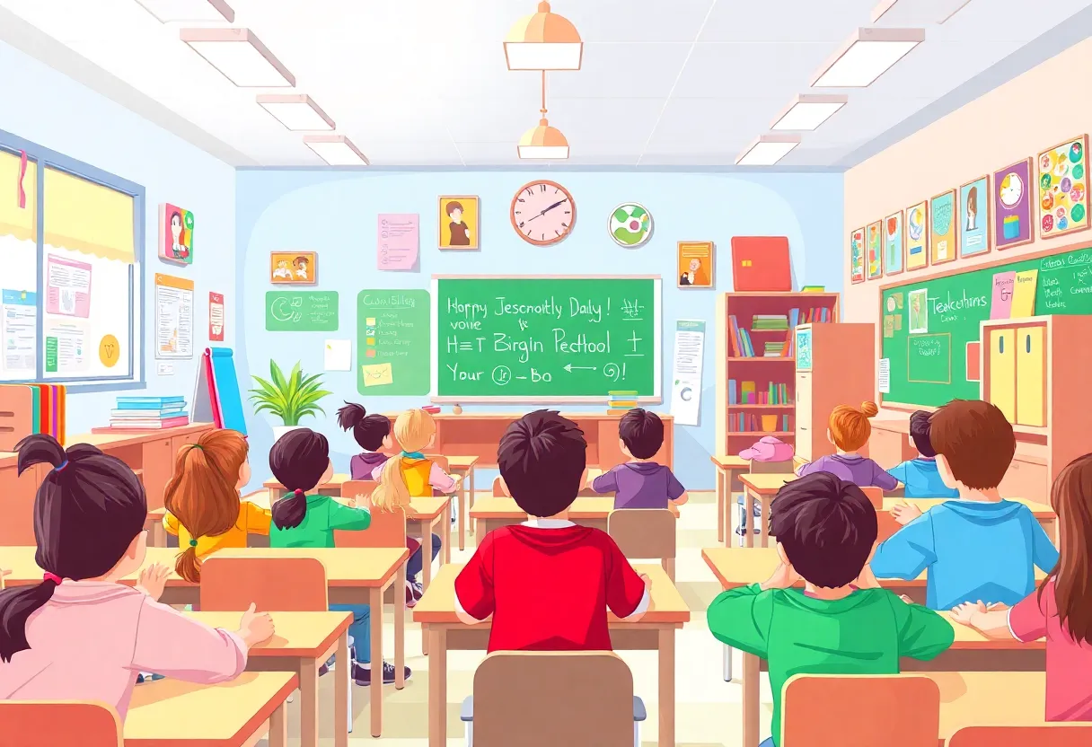 Dedicated teacher engaging with students in a colorful classroom
