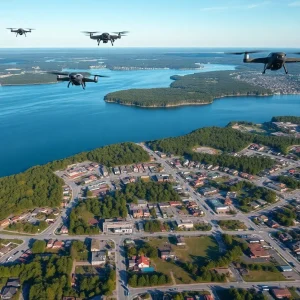 Aerial view of Traverse City featuring lakes and drones in flight.