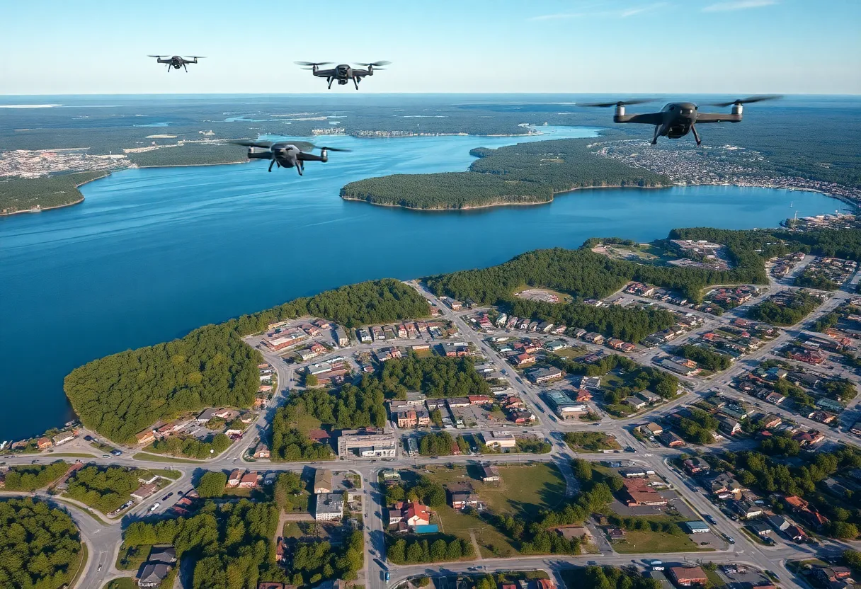 Aerial view of Traverse City featuring lakes and drones in flight.