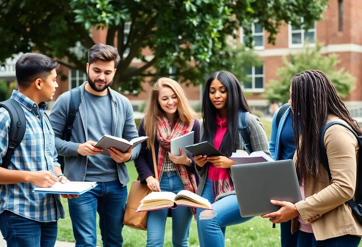Diverse university students discussing academic freedom outdoors.