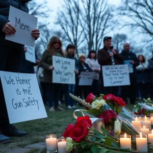 Community vigil for gun safety with candles and flowers