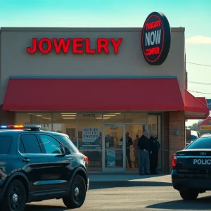 Exterior of a jewelry store on Warren Road, with police presence after a robbery.