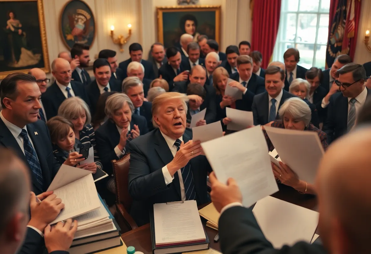 Gretchen Whitmer hiding behind binders during a presidential event